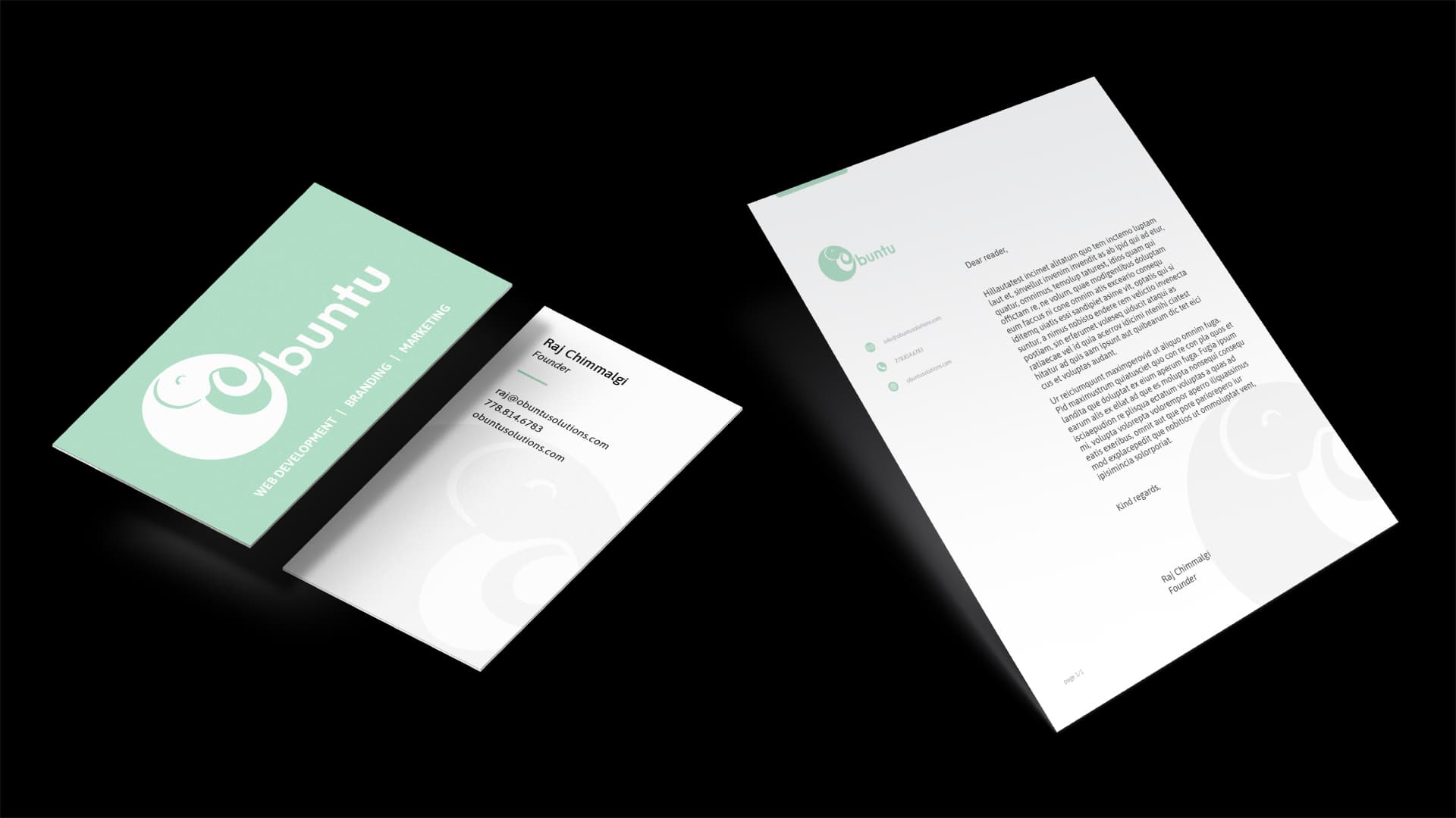 Obuntu Solutions business cards and letterhead mockup